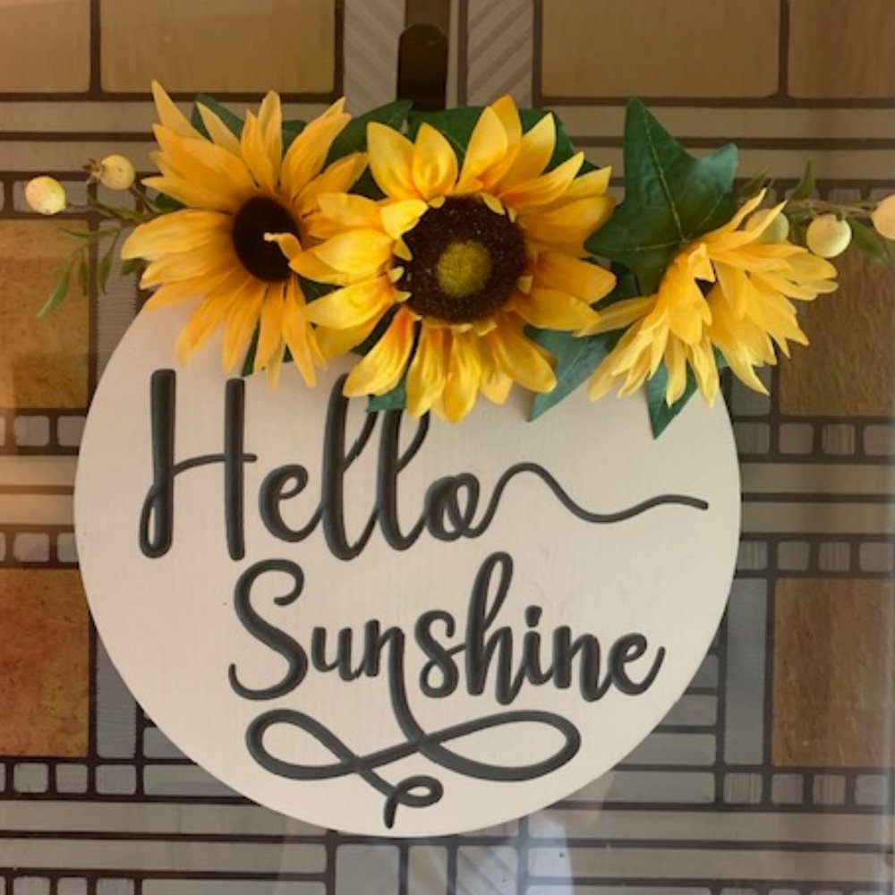 Hello Sunshine! Floral Door or Wall Decor - Wooden Circle with Sunflowers